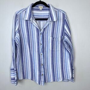 Hatley Cindy‎ Blouse Organic Cotton Striped Button Down Blue Beachy Coastal XL